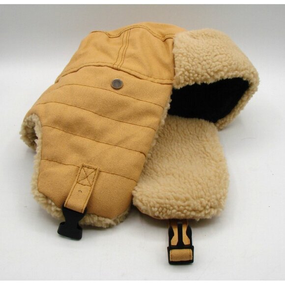Canvas Tan Fleece Lined Trapper Bomber Hat Earflap Quilted Outdoor Snap Closure - Picture 3 of 9
